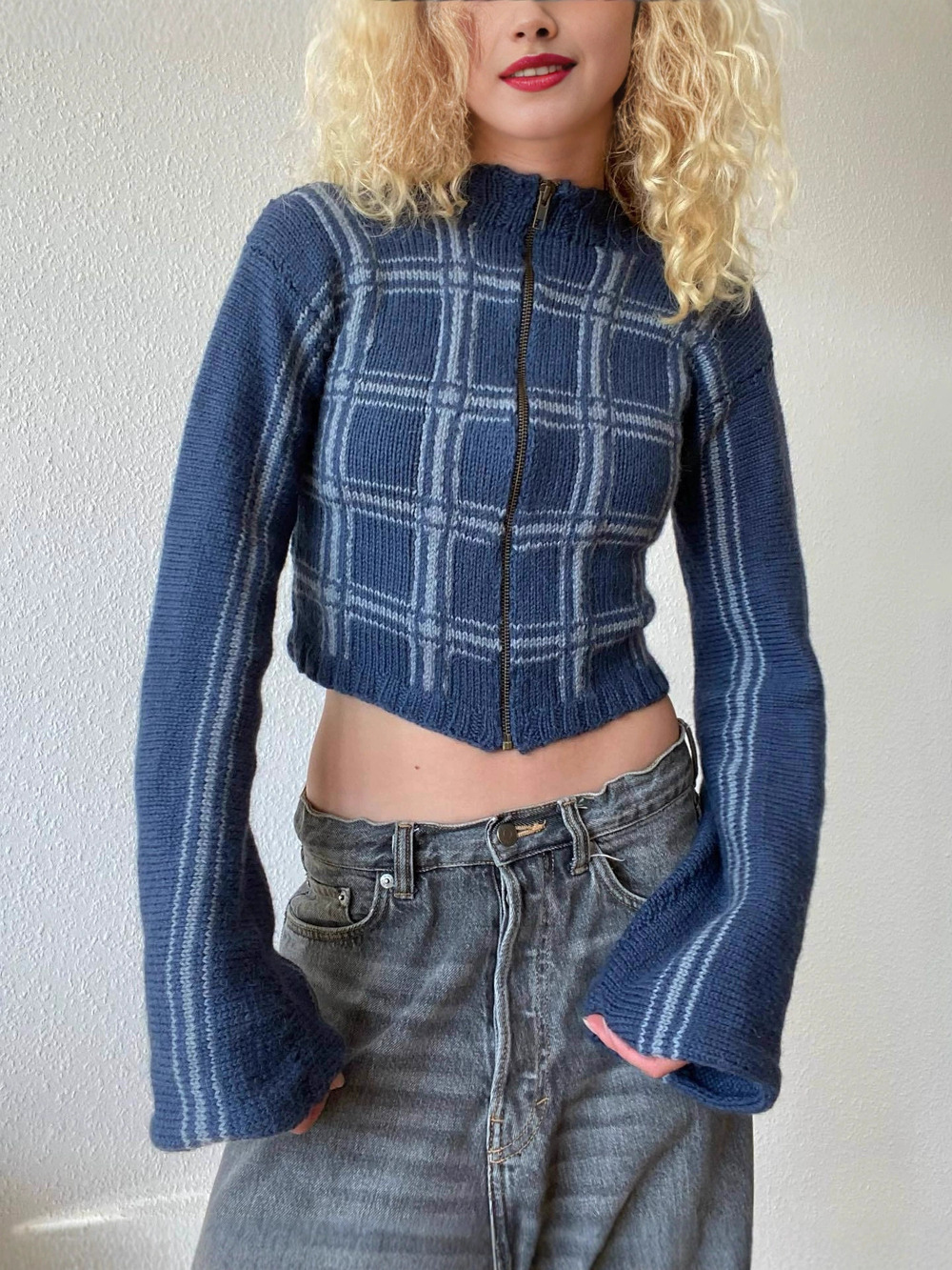 ZARA Y2K Retro Plaid Knit Sweater Round Neck Long Sleeve Blue Fall Winter